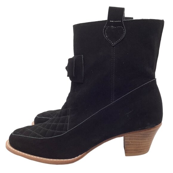 F TROUPE London 37 Quilted Suede Heeled Boots US 6.5 - 7 Bow Ankle Block Heel - Picture 4 of 10